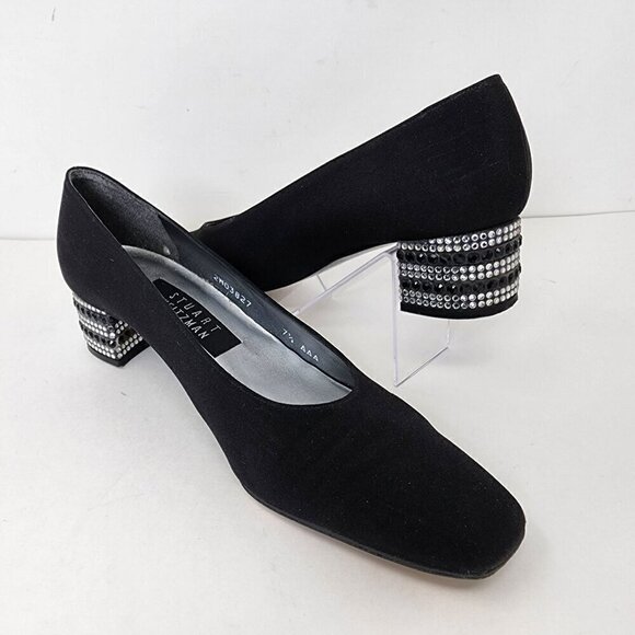 Stuart Weitzman Dressy Black Satin Block Heel with Rhinestons, Women's 7.5 AAA - Picture 4 of 16